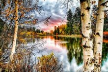Алмазная мозаика "Гладь озера в осеннем лесу"