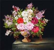 Вышивка лентами "Цветы в плетеной вазе"