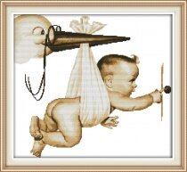 Вышивка крестом "Аист несет малыша"