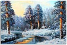 Алмазная мозаика "Зимняя речка в сосновом лесу"